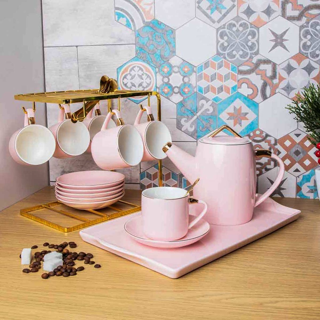 Service à café au lait en céramique pour 6 personnes - 22 pièces -Rose