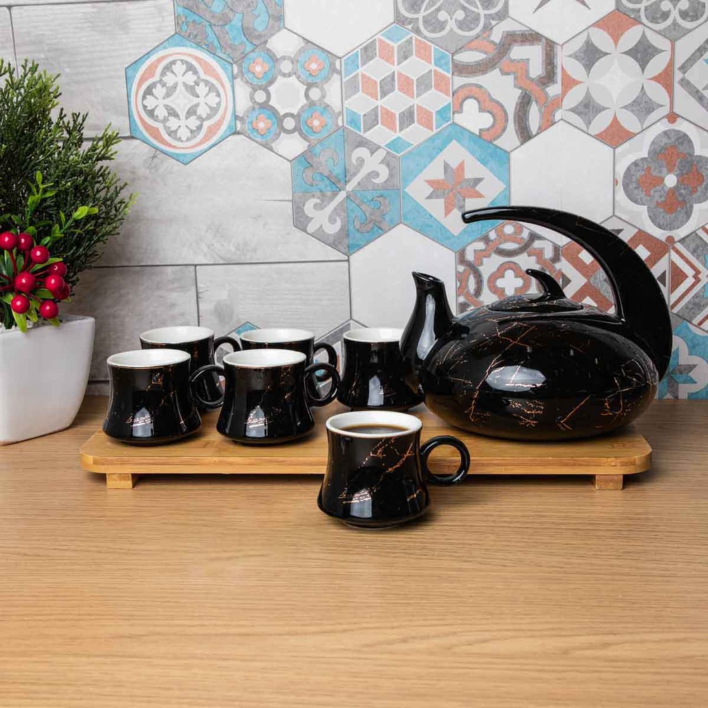 Ensemble de théière avec 6 tasses en céramique et un plateau en bambou - 9 pièces - Noir