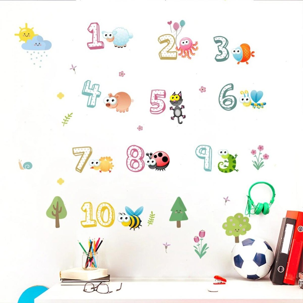 Autocollant murale chiffres et animaux - 90 x 30 cm