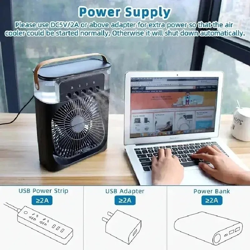 Climatiseur Portable à 3 Vitesses Veilleuse LED intégrée 600 ml Noir