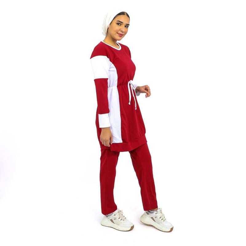 Jogging  2 pièces pour femme voilée Rouge bordeaux avec bandes blanches-0