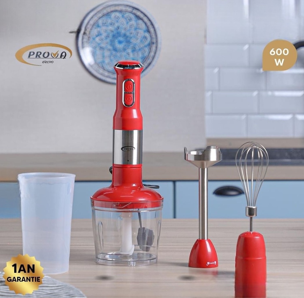 PROVA Mixeur Plongeant Rouge Multifonction 4 en 1 600W
