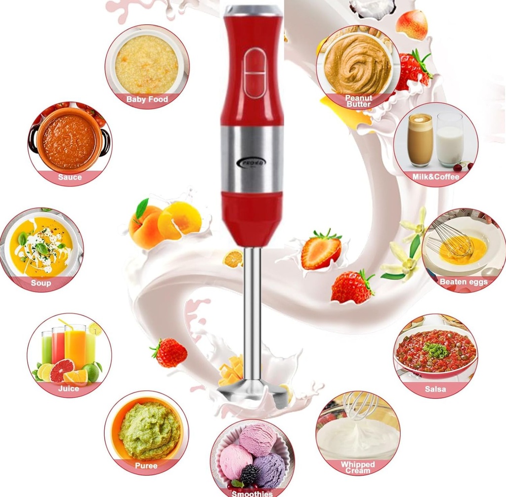 PROVA Mixeur Plongeant Rouge Multifonction 4 en 1 600W