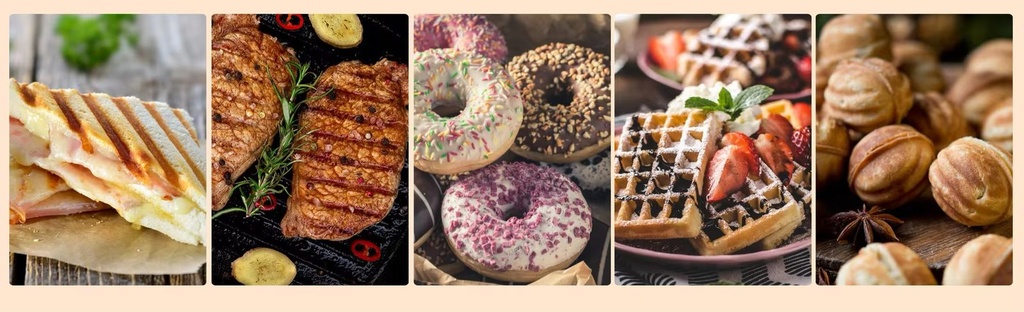  Appareil à Plaque Chauffante 5 en 1 - Panini, Zouza, Donuts, Gaufre, Cake - 750W