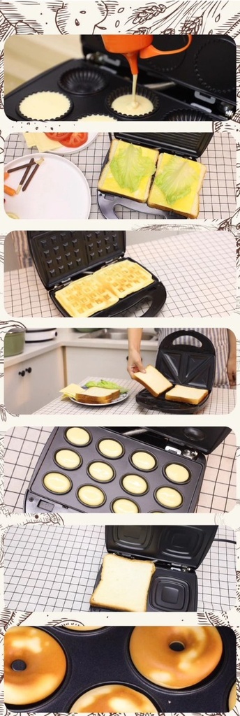  Appareil à Plaque Chauffante 5 en 1 - Panini, Zouza, Donuts, Gaufre, Cake - 750W