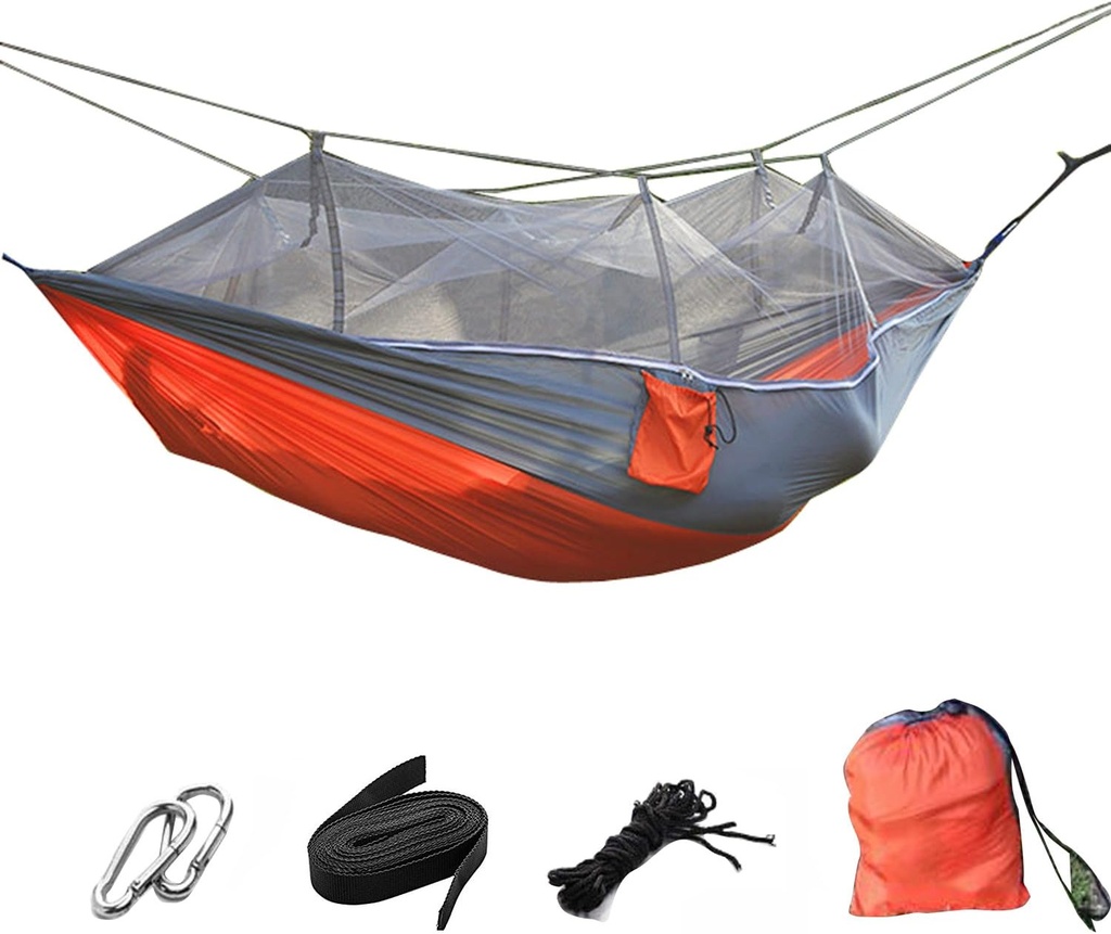 Ensemble de Hamac de Camping Multifonctionnel Et Pliable avec Moustiquaire 260 x 140 cm – Confort Portable et Sécurité pour le Plein Air-Orange