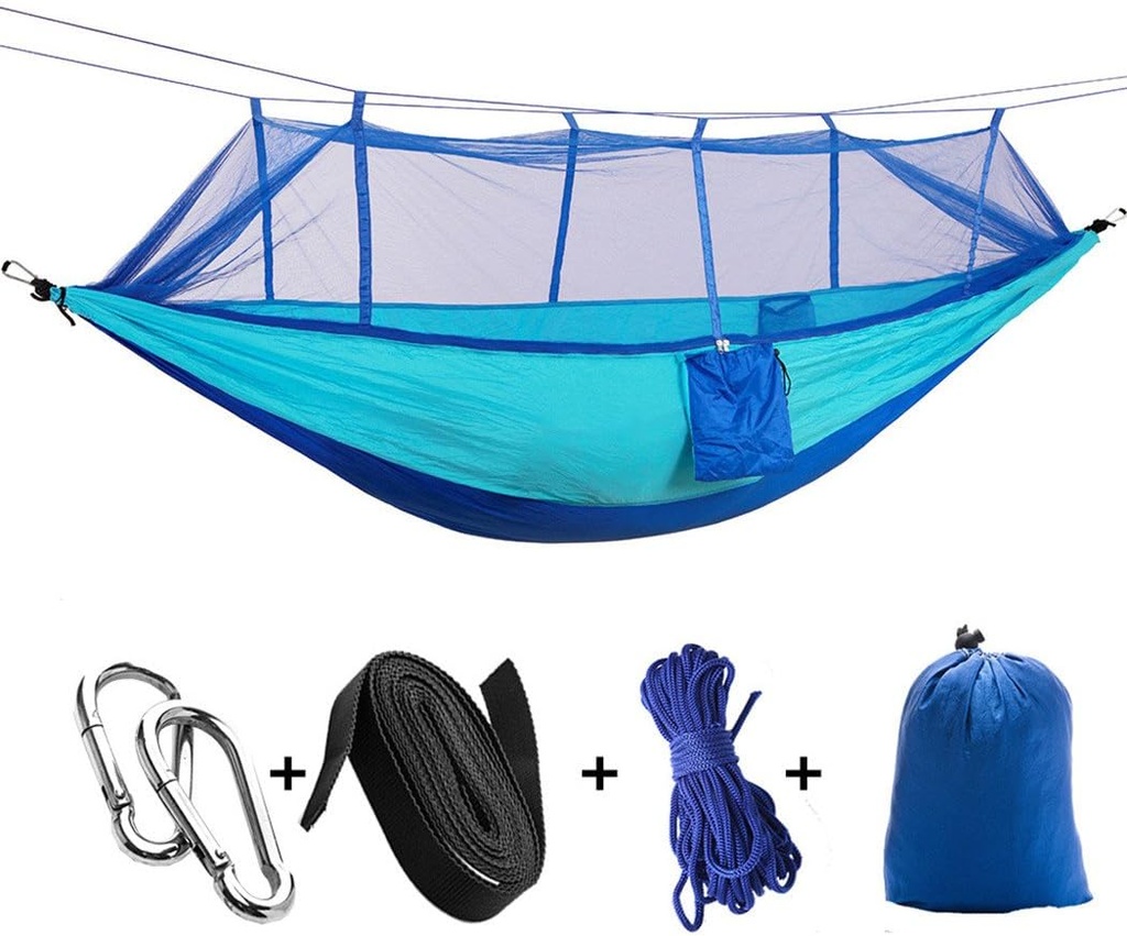 Ensemble de Hamac de Camping Multifonctionnel Et Pliable avec Moustiquaire 260 x 140 cm – Confort Portable et Sécurité pour le Plein Air-Bleu