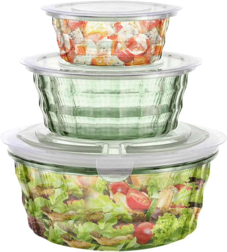 Lot de 3 Boîtes Alimentaires Rondes avec Couvercles en Plastique Dure Sans BPA-Vert