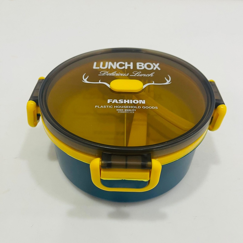 Boîte à Gouter Lunch Box Avec 3 Compartiments et Cover En Plastique Alimentaire Sans BPA - 1000 ml (Forme Ronde)-Bleu