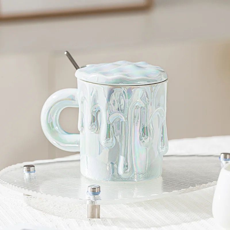 Tasse en Céramique Mug avec Couvercle et Cuillère Motif Glace Qui Coule-Bleu turquoise