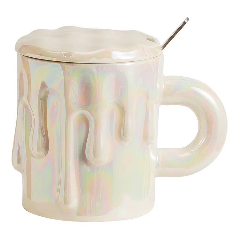Tasse en Céramique Mug avec Couvercle et Cuillère Motif Glace Qui Coule-Blanc