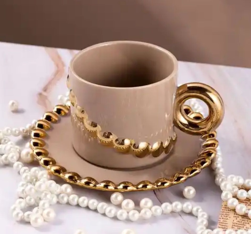 Tasse Mug en Céramique avec Sous Tasse Motif Perles-Marron clair