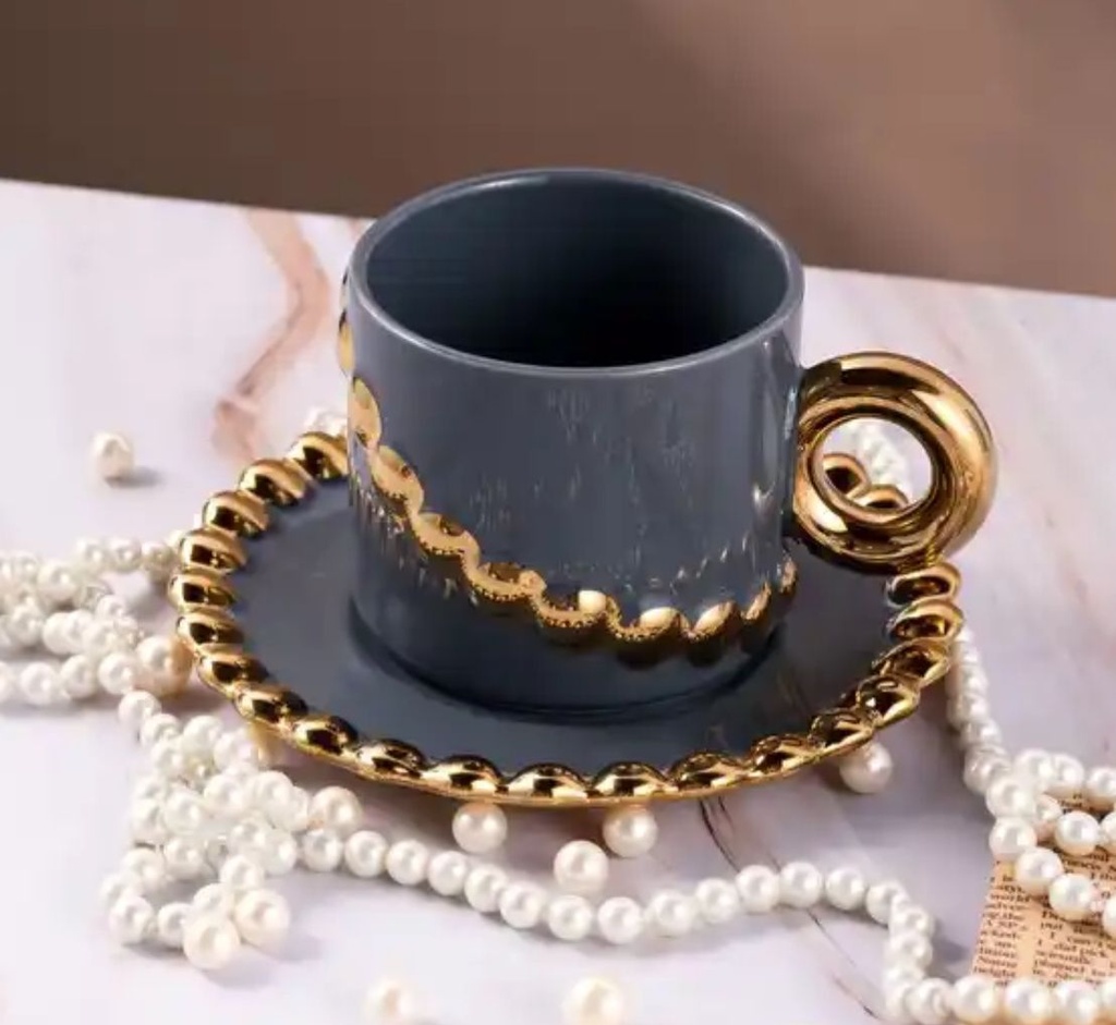 Tasse Mug en Céramique avec Sous Tasse Motif Perles-Bleu ciel 