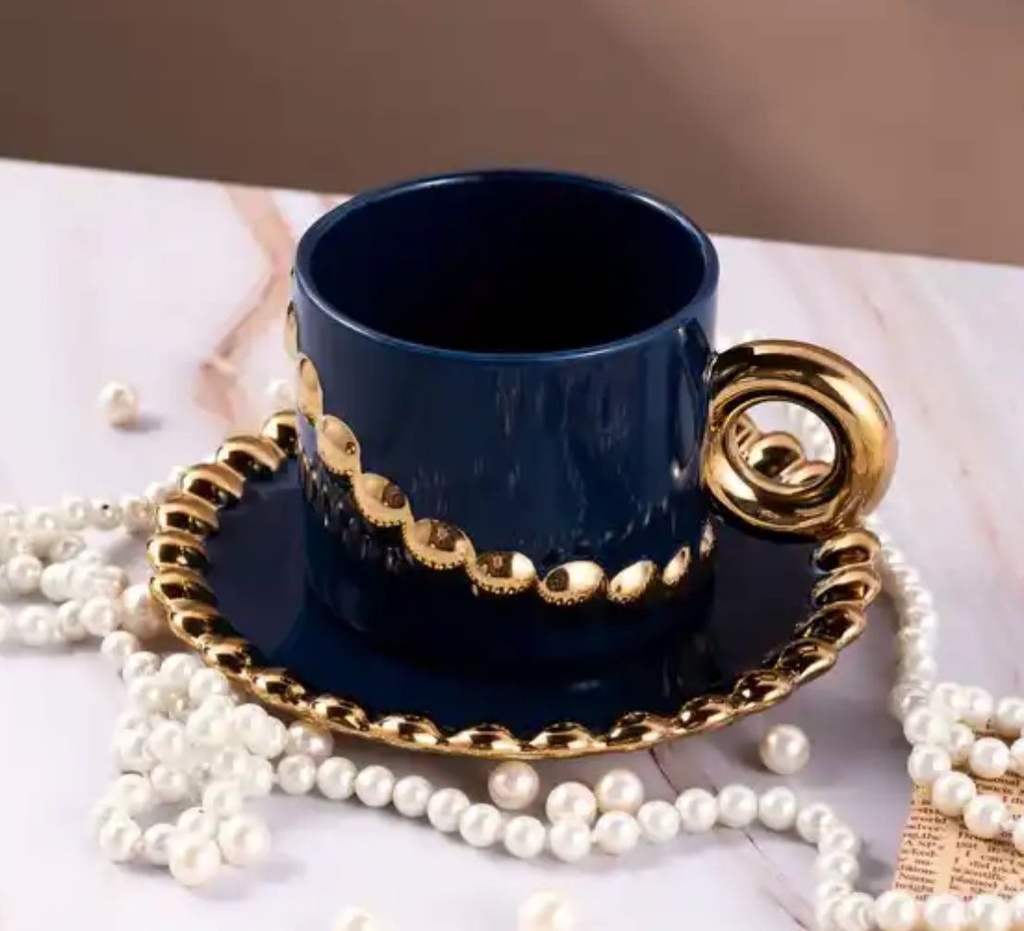Tasse Mug en Céramique avec Sous Tasse Motif Perles-Bleu foncé