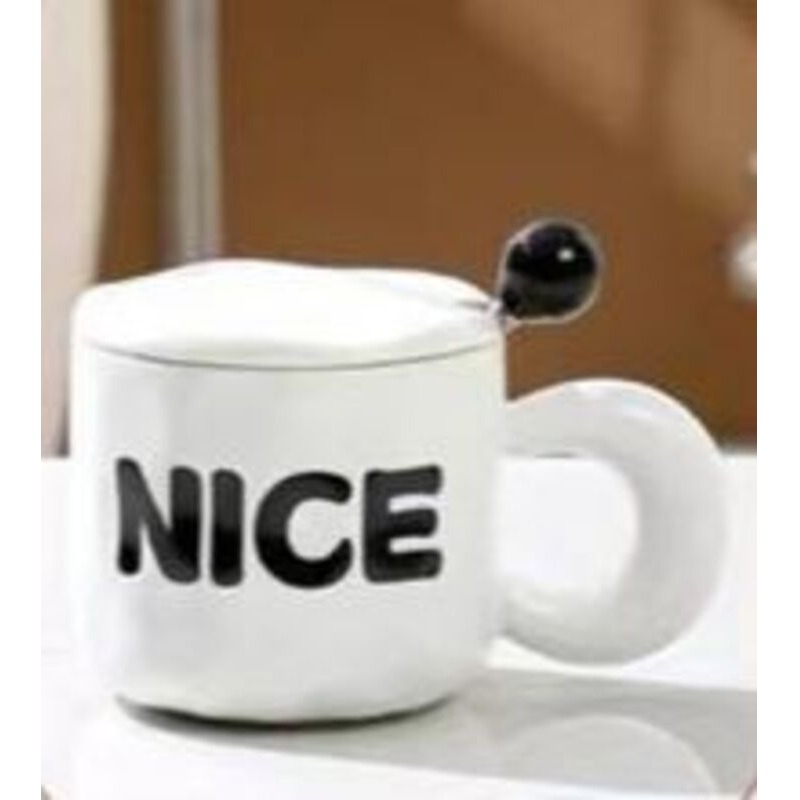 Tasse Mug en Céramique Blanc avec Couvercle et Cuillère-Motif 2