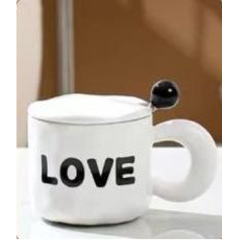 Tasse Mug en Céramique Blanc avec Couvercle et Cuillère-Motif 1
