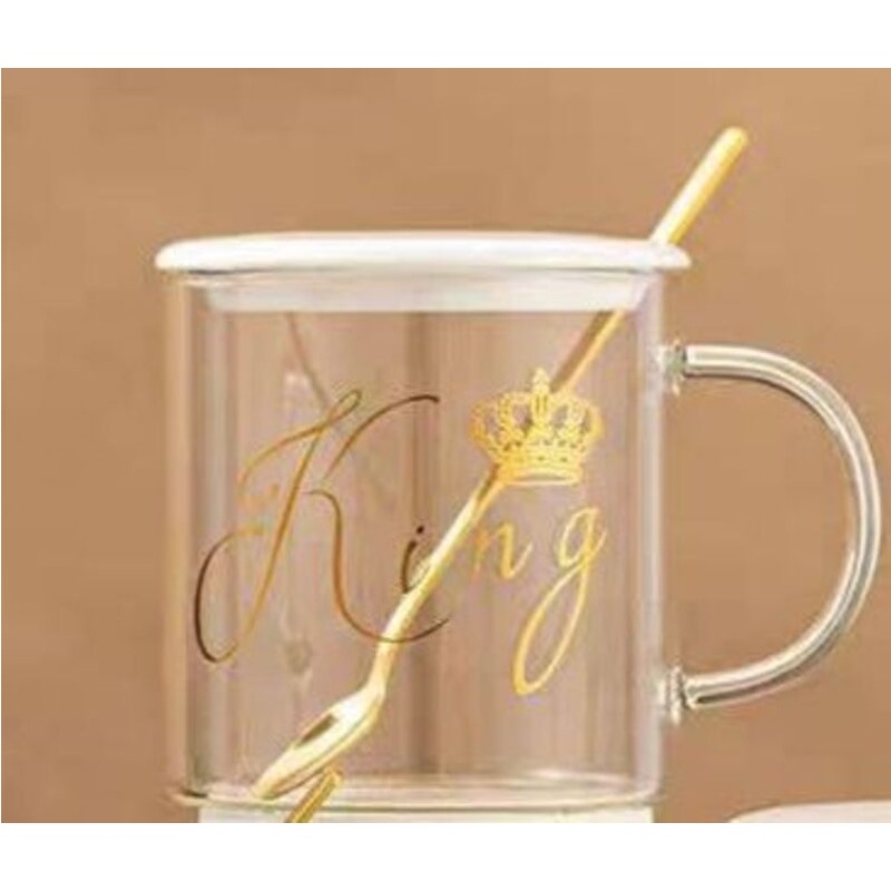 Tasse en Verre avec Couvercle et Cuillère Motif Doré-Motif 1