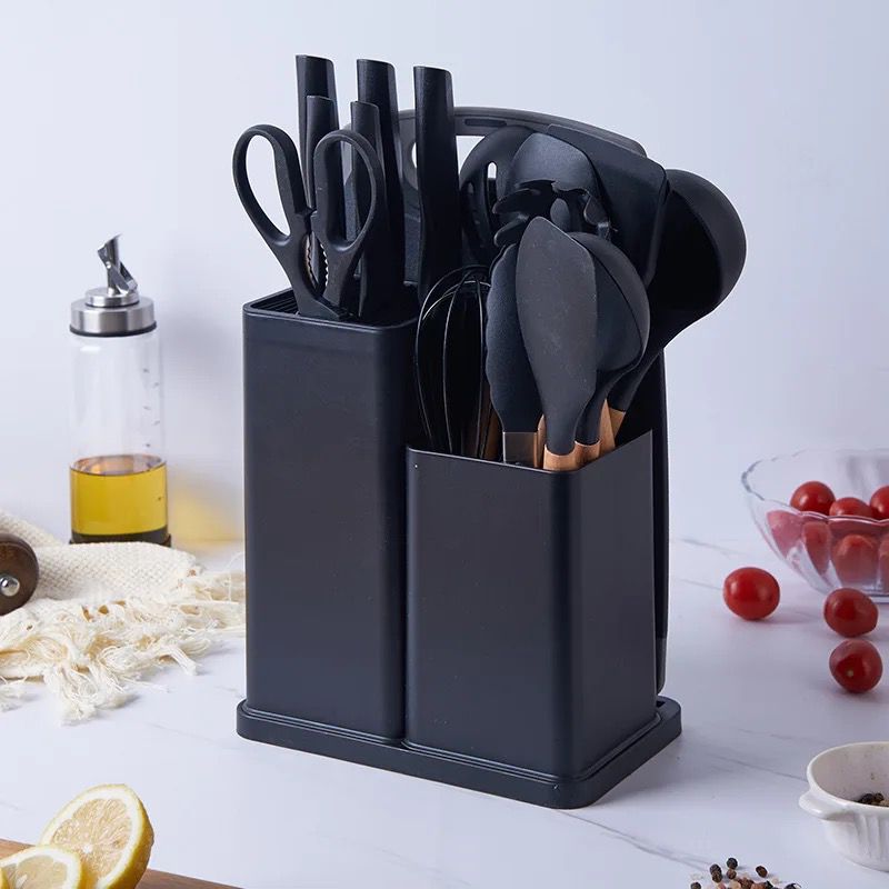 Ensemble de Louches et couteaux et planche avec support-Noir
