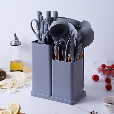 Ensemble de Louches et couteaux et planche avec support-Gris
