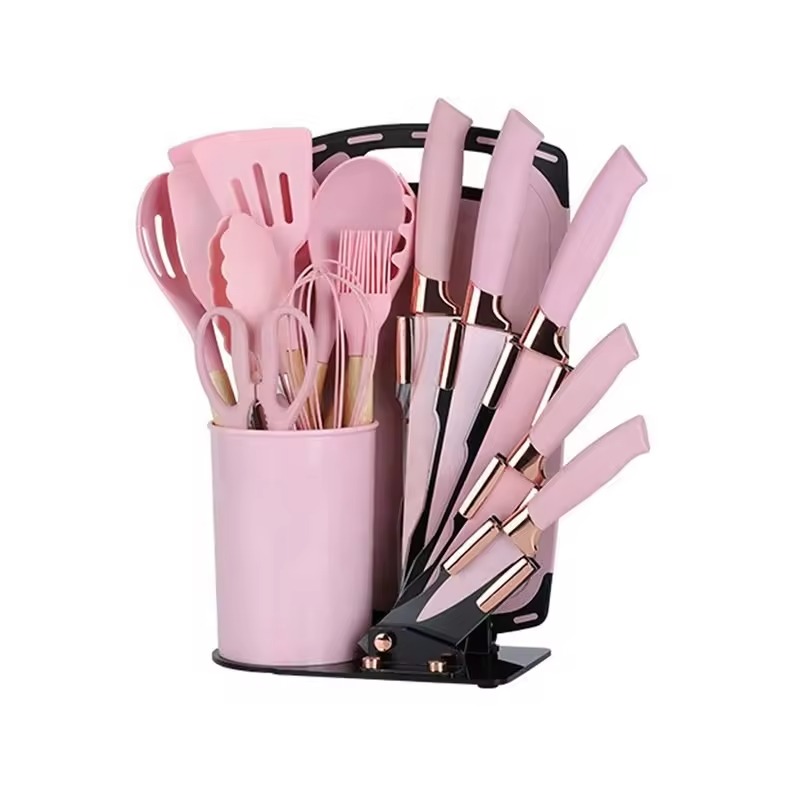 Ensemble de Louches et couteaux et planche avec support-Rose