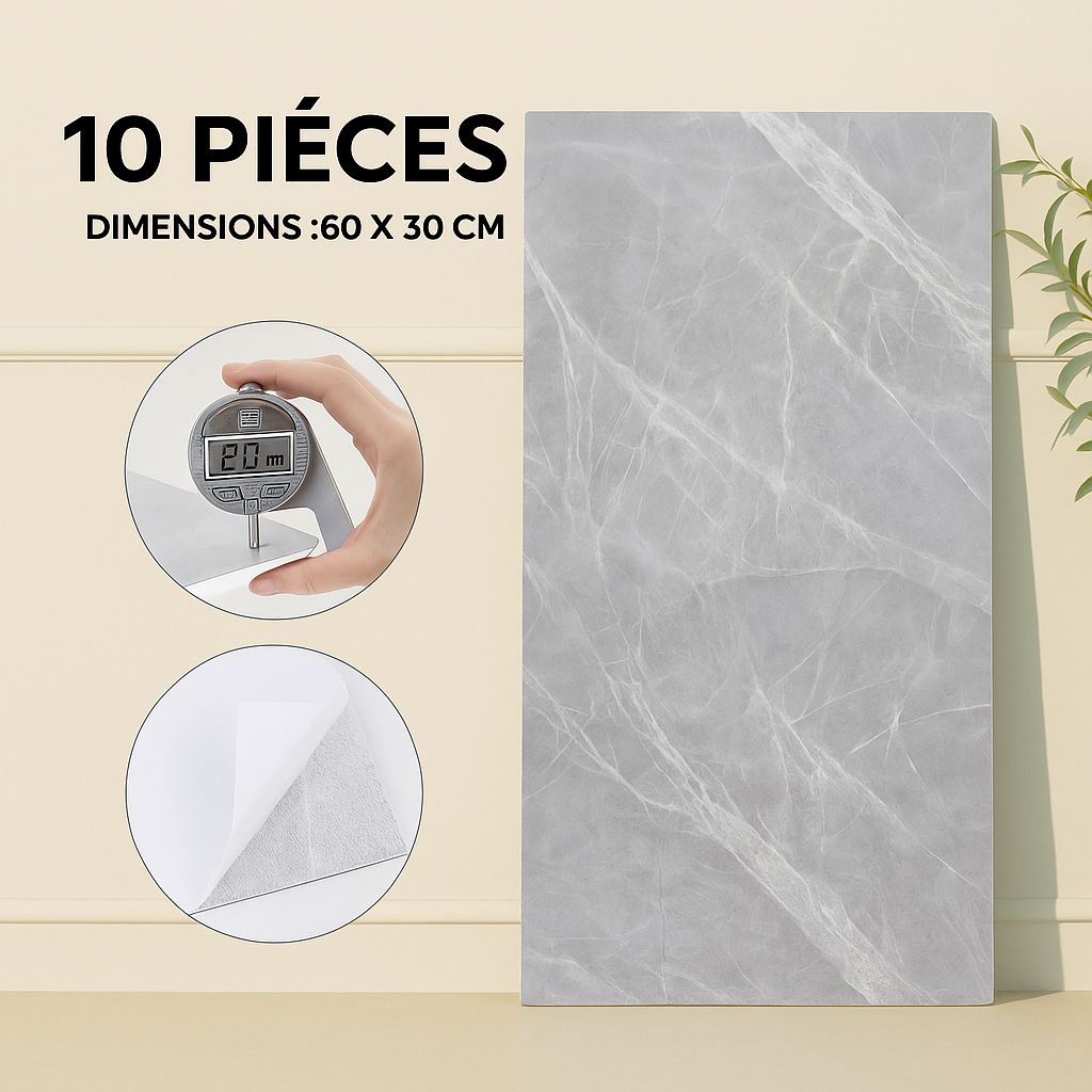 Pack de 10 Panneaux PVC Autocollant Alternative Au Marbre 60 x 30 cm - WMB-011 - Gris Clair