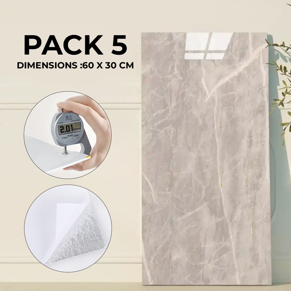 Pack de 5 Panneaux PVC Autocollant Alternative Au Marbre 60 x 30 cm - WMB-011 - Grège