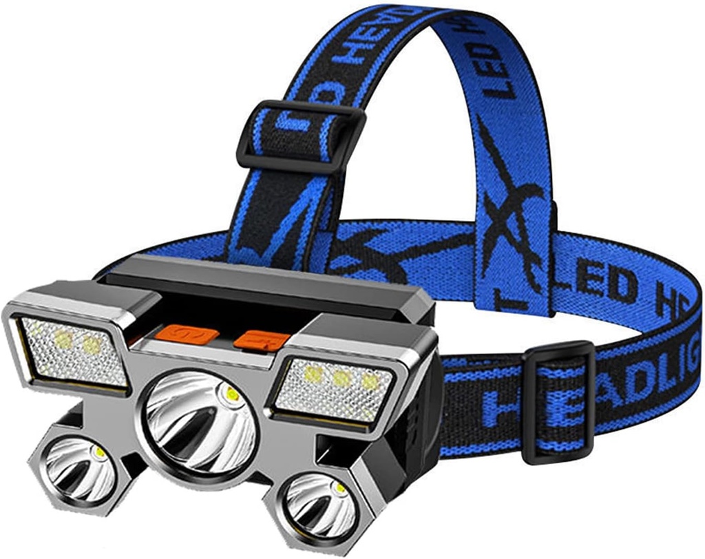  Lampe Frontale LED Rechargeable 5 Têtes – 5 W – Étanche – Avec Bandeau Bleu 