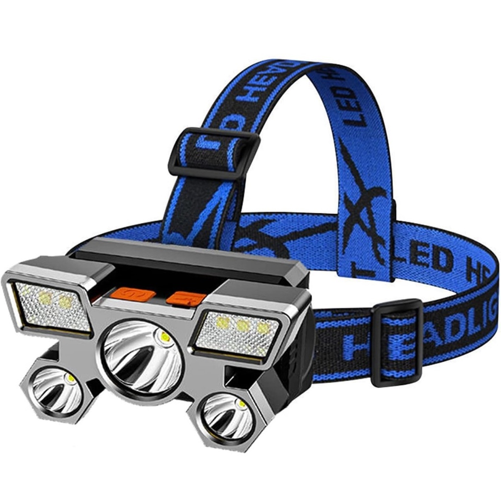 Lampe Frontale LED Rechargeable 5 Têtes 5W Étanche Avec Bandeau Bleu 