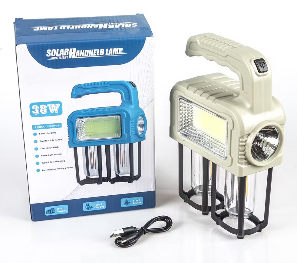  Lampe Solaire Portative Multi-Lumières 38W – Rechargeable, 3 Sources Lumineuses, USB Type-C, Power Bank