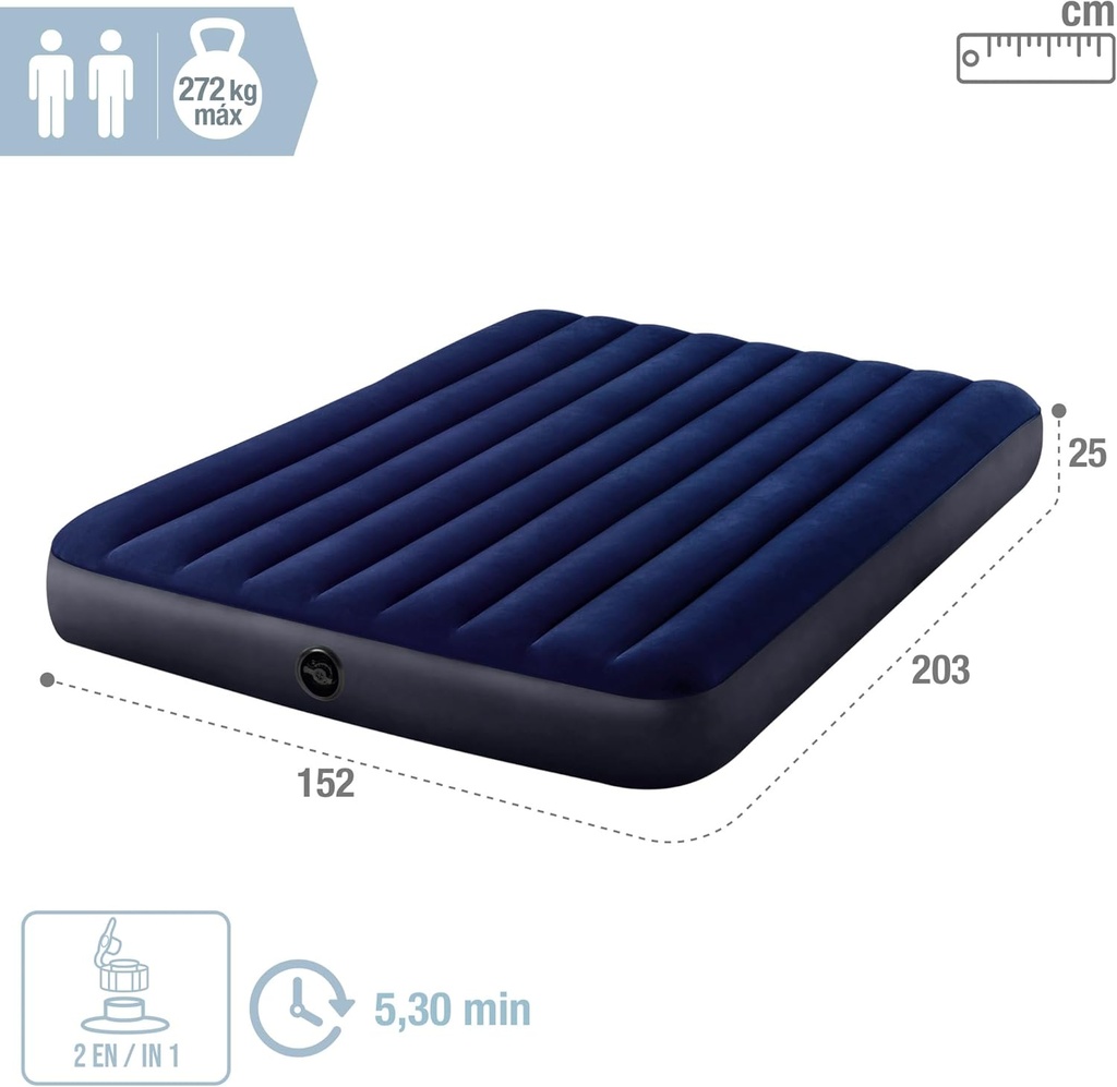 INTEX Matelas Gonflable Classic Downy 2 Personnes  152 cm x 203 cm x 25 cm / Référence : #64759