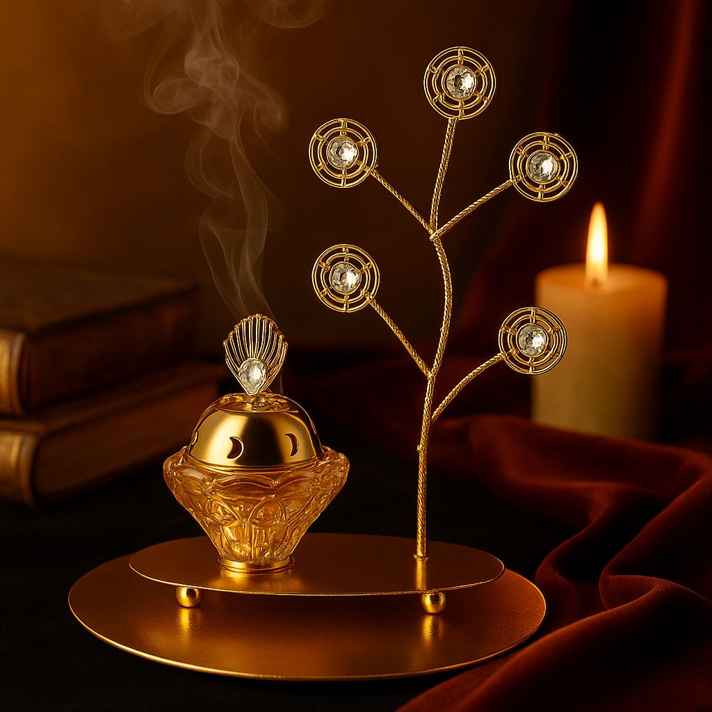 Encensoir À Charbon Métal Doré avec support Forme Grand Arbre avec Perle