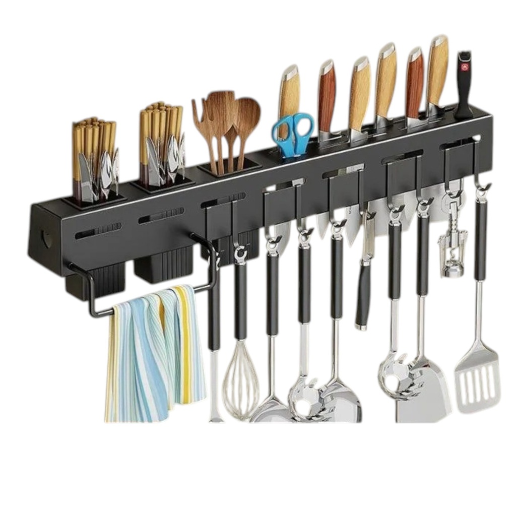 Organisateur Mural Pour Ustensiles De Cuisine – 60 cm | 8 Crochets + 3 Verres De Rangement | Fixation Avec Ou Sans Perçage 