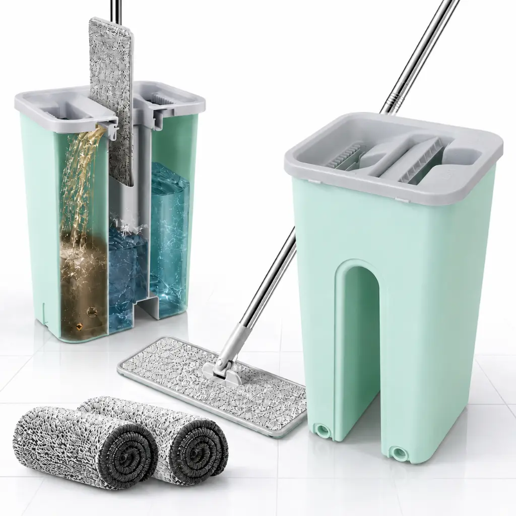 Vadrouille Balai de Nettoyage Pliable Verte Avec Seau MOP 