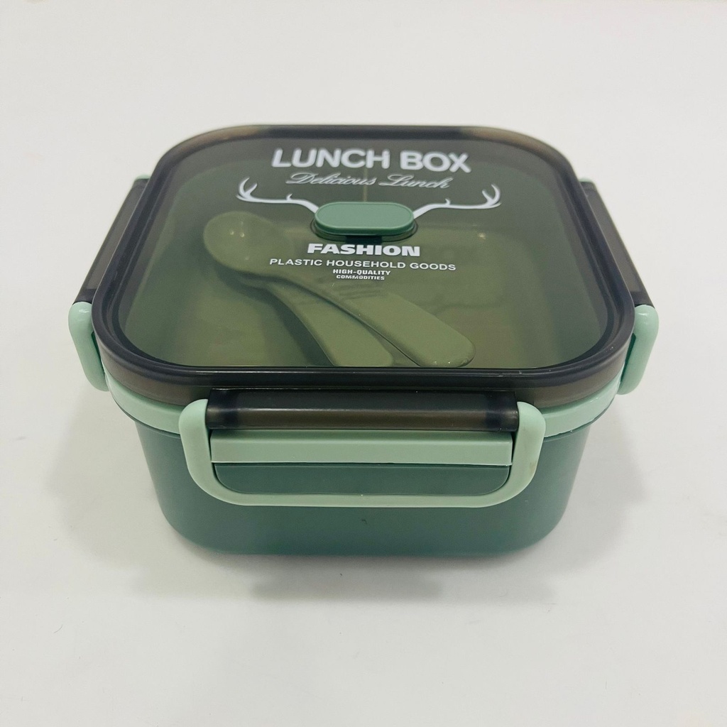 Boîte à Gouter Lunch Box Avec 3 Compartiments et Cuillère et fourchette En Plastique Alimentaire Sans BPA 1000ml (Forme Carrée)-Vert