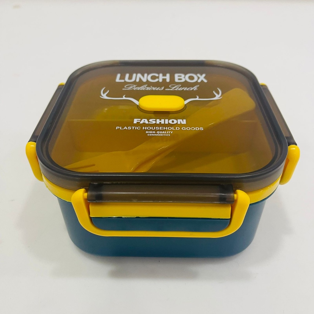 Boîte à Gouter Lunch Box Avec 3 Compartiments et Cuillère et fourchette En Plastique Alimentaire Sans BPA 1000ml (Forme Carrée)-Bleu