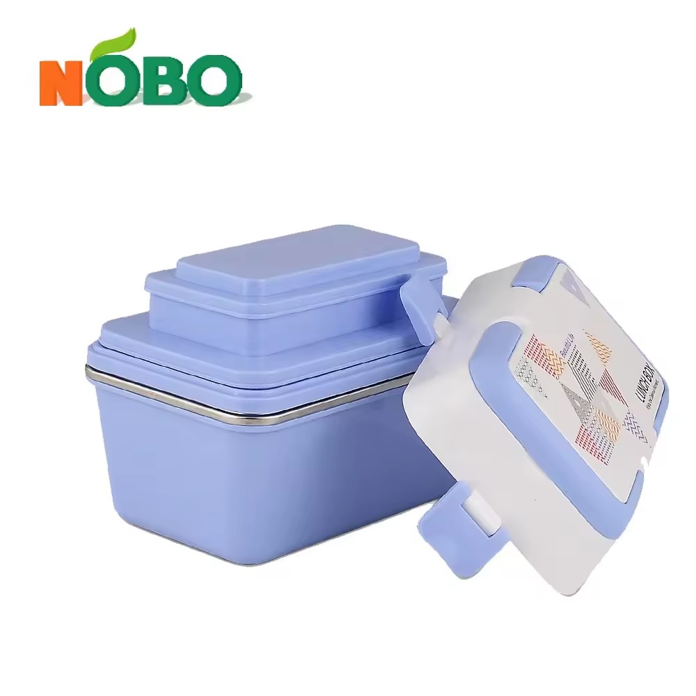 Boîte à Gouter Lunch Box avec 3 Compartiments en Acier Inoxydable et Plastique Sans BPA 1200 ml-Bleu