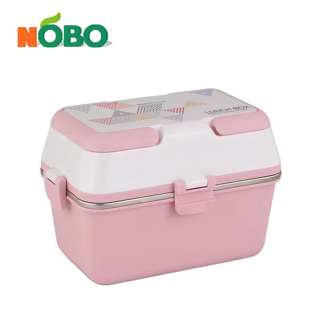 Boîte à Gouter Lunch Box avec 3 Compartiments en Acier Inoxydable et Plastique Sans BPA 1200 ml-Rose