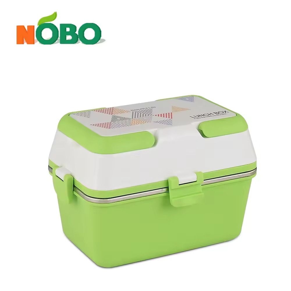 Boîte à Gouter Lunch Box avec 3 Compartiments en Acier Inoxydable et Plastique Sans BPA 1200 ml-Vert