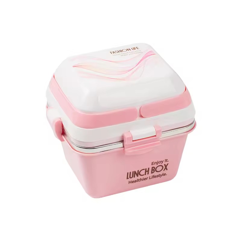 Boite à Gouter Lunch Box Avec 3 Compartiments En Acier Inoxydable Et Plastique Sans BPA-Rose