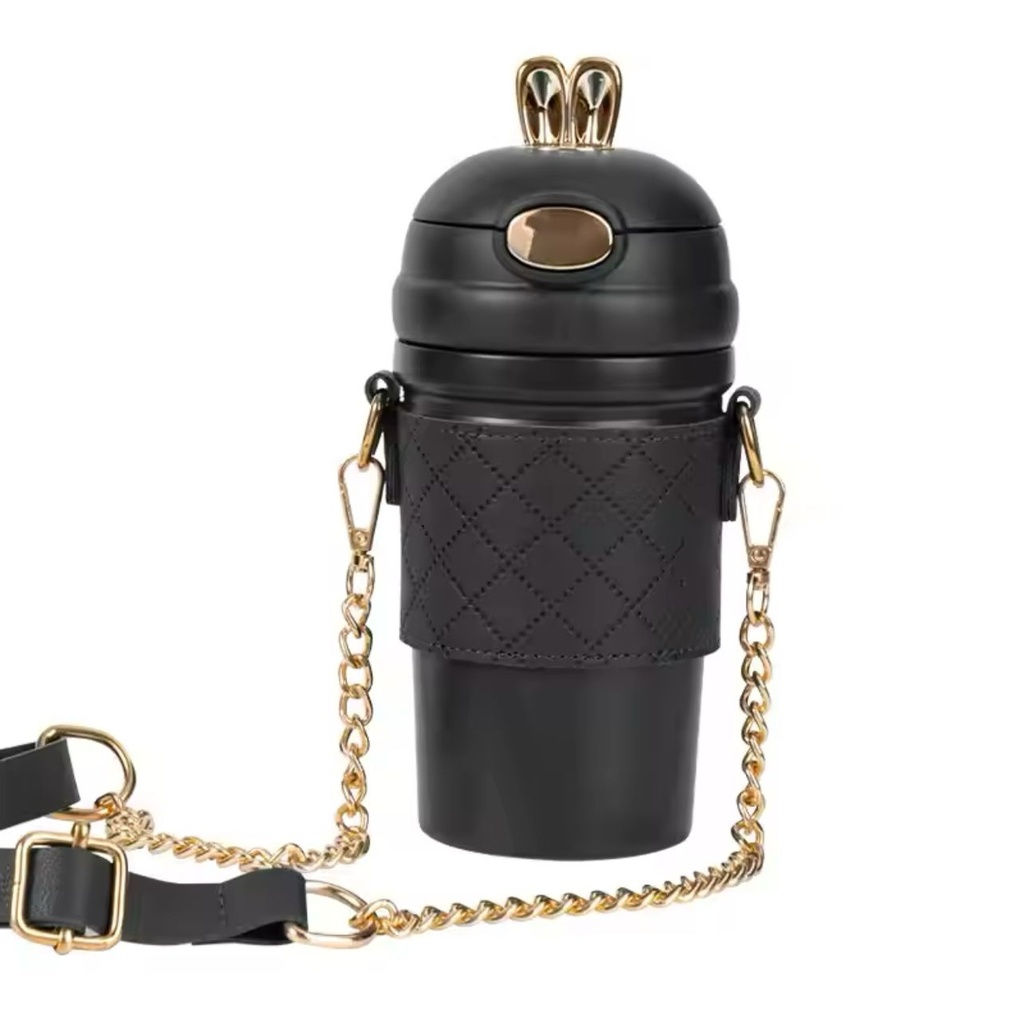 Thermos Luxueuse avec Motif Oreilles de Lapin et Sangle Bandoulière 480 ml-Noir