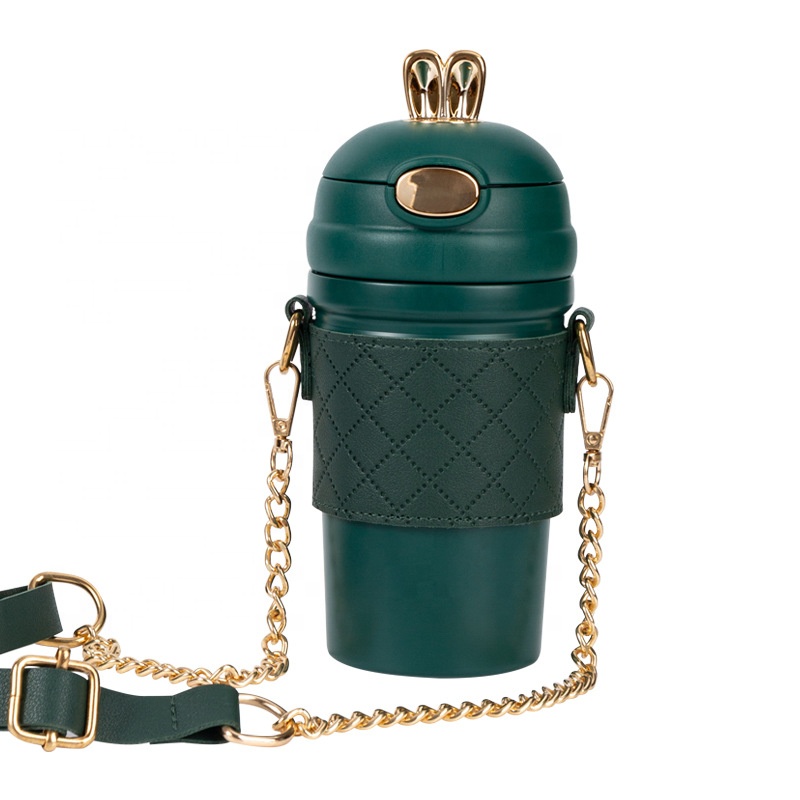 Thermos Luxueuse avec Motif Oreilles de Lapin et Sangle Bandoulière 480 ml-Vert