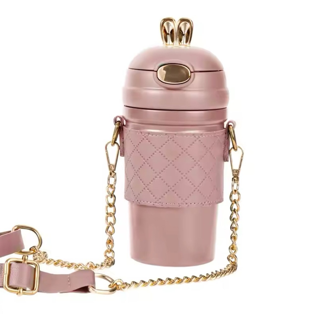 Thermos Luxueuse avec Motif Oreilles de Lapin et Sangle Bandoulière 480 ml-Rose