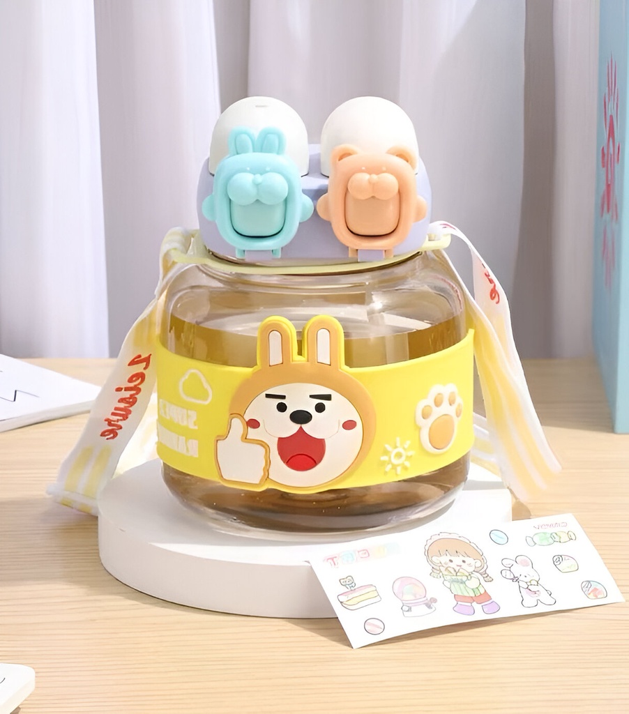 Gourde Enfant Jaune 1000 ml Sans BPA – Motif Lapin & Ours