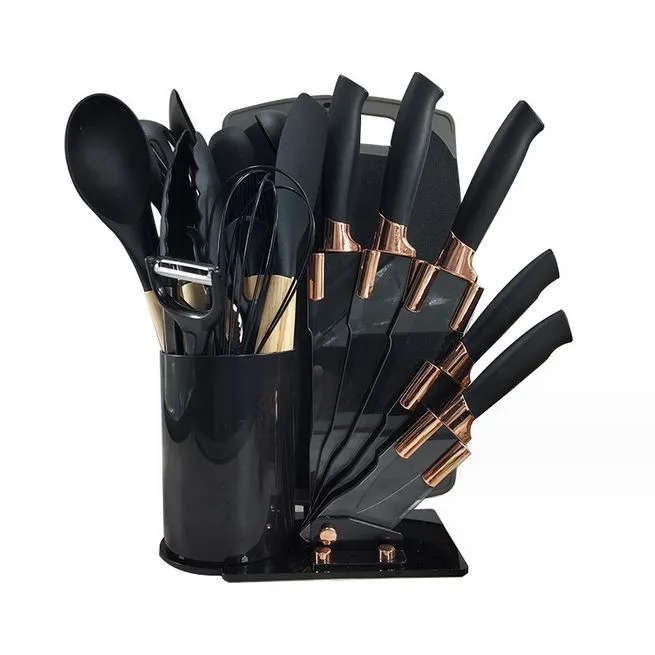 Ensemble de Louches et couteaux et planche avec support-Noir
