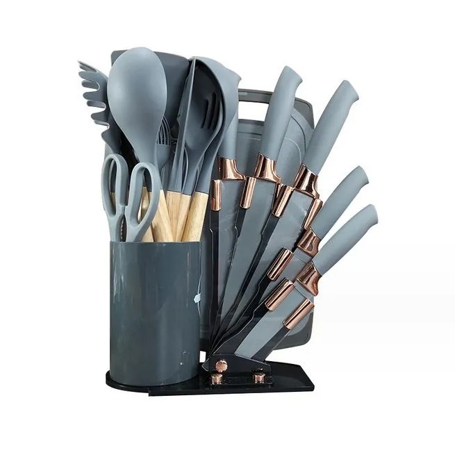 Ensemble de Louches et couteaux et planche avec support-Gris