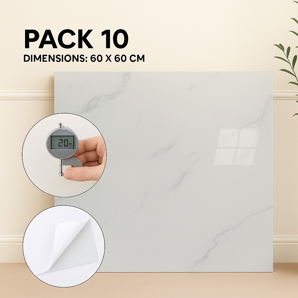 Pack de 10 Panneaux PVC Autocollant  Alternative Au Marbre 60 x 60 cm - Blanc Modèle 2