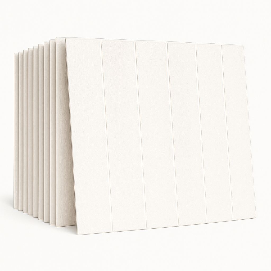 Pack de 10 Panneaux Muraux 3D Adhésifs Anti-Humidité – 77×70 cm – Blanc Motif Rainuré 