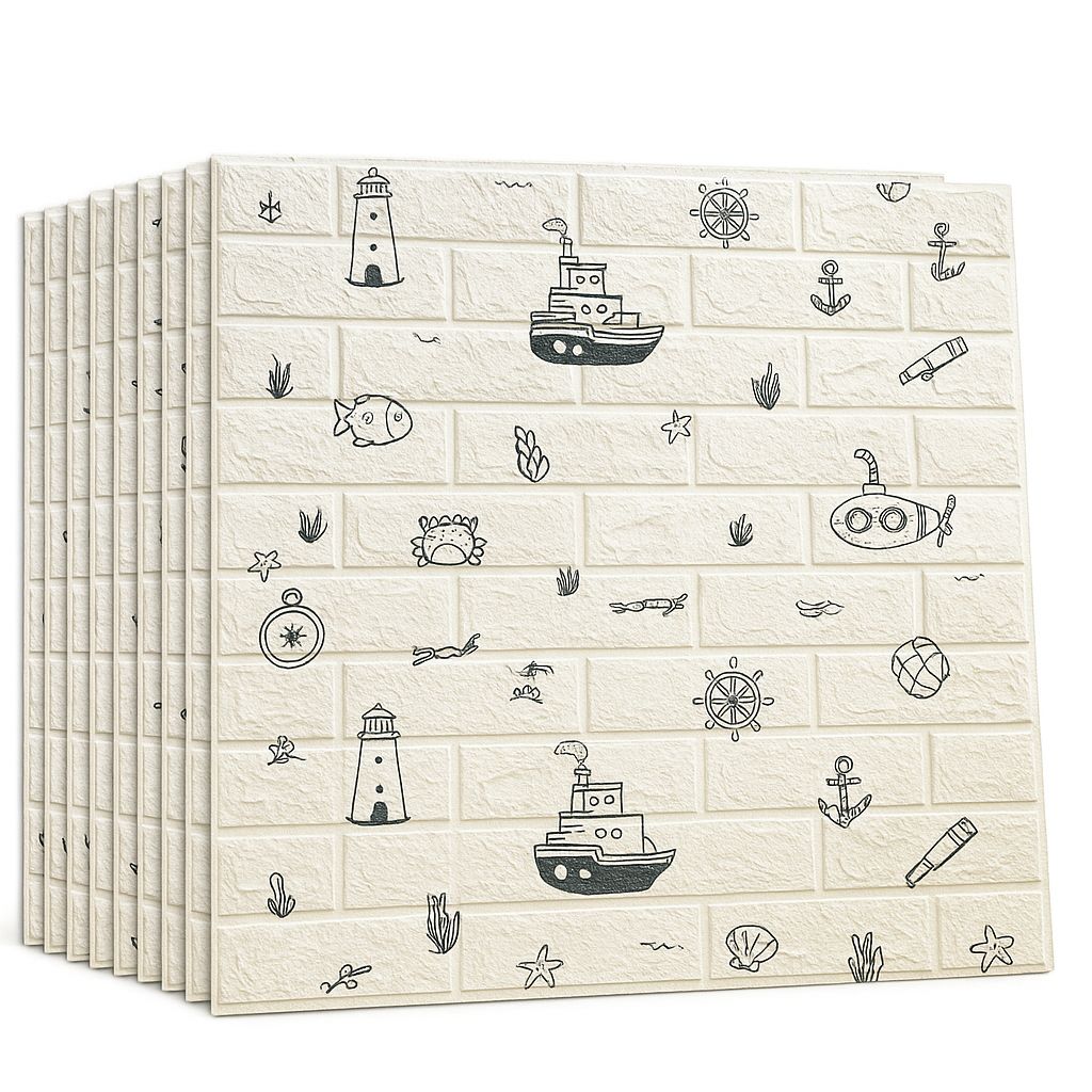 Pack De 10 Panneaux Muraux Adhésifs Anti-Humidité 3D 77*70 Cm Motif Marin 