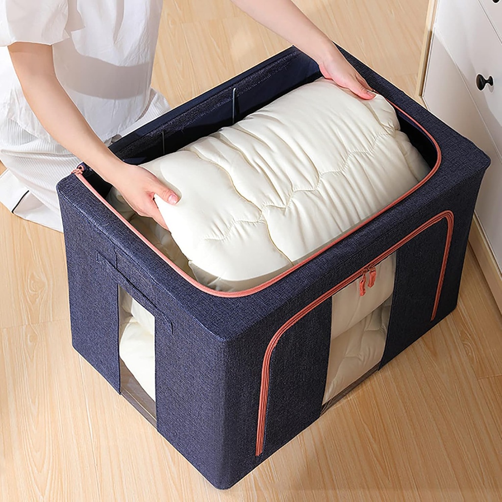 Boîte de Rangement Pliable pour Linge de Maison 66L Modèle 1 – Grande Capacité avec Double Ouverture et Fenêtre Transparente-Bleu