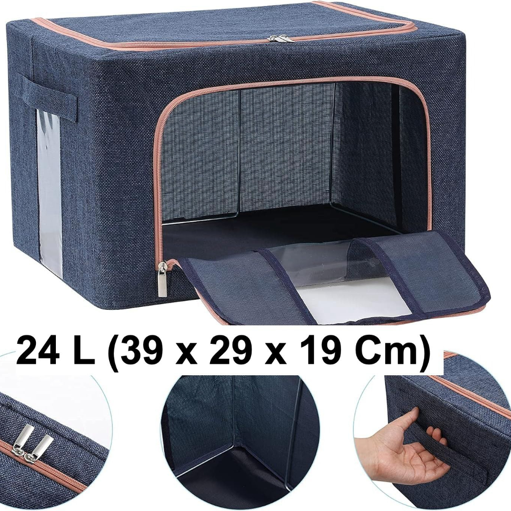 Boîte de Rangement Pliable pour Linge de Maison 24L Modèle 1 – Double Ouverture avec Fenêtre Transparente pour une Organisation Optimisée-Bleu